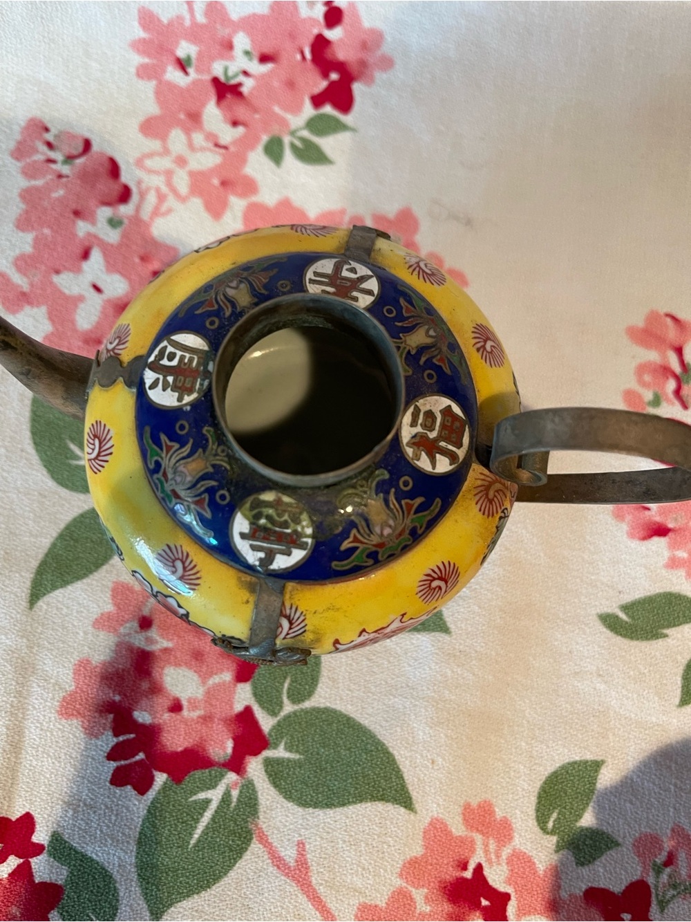 Vintage Yellow Floral Cloisonné Teapot Accent - Picture 3 of 4